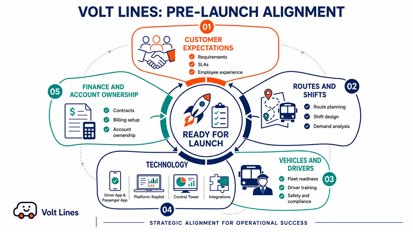 Diagram showing the key elements to align before corporate mobility account onboarding, including customer expectations, employee mobility patterns, routes, schedules, vehicles, drivers, technology, finance and account ownership.