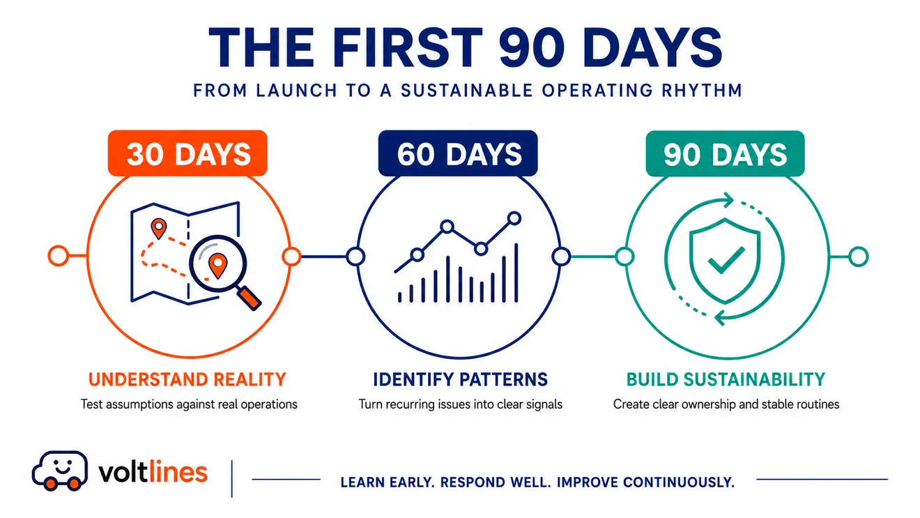 Corporate mobility onboarding timeline covering the first 30, 60 and 90 days from launch to sustainable operations.