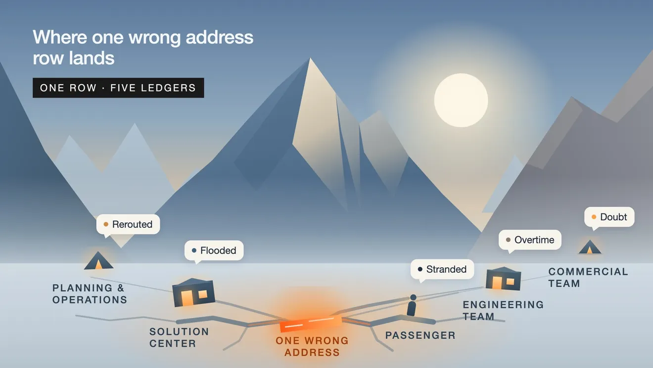 Diagram showing how one incorrect address row creates work for passengers, support, engineering, operations, and sales.
