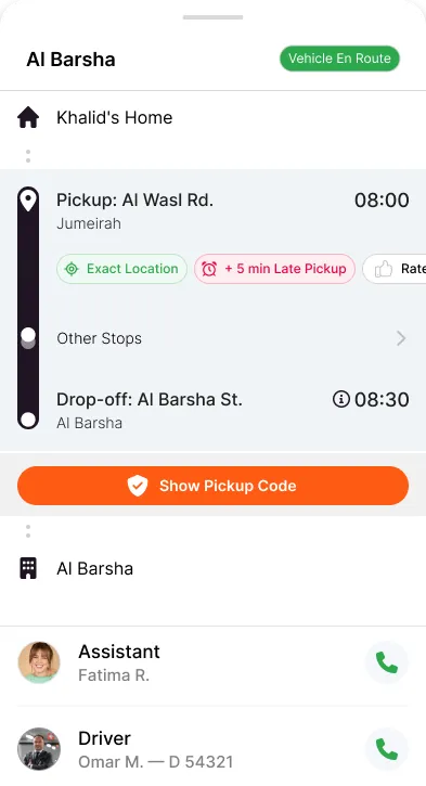 The trip detail sheet: pick-up on Al Wasl Rd. and drop-off on Al Barsha St., the late-pickup flag, the pickup code and the numbers for the assistant and the driver