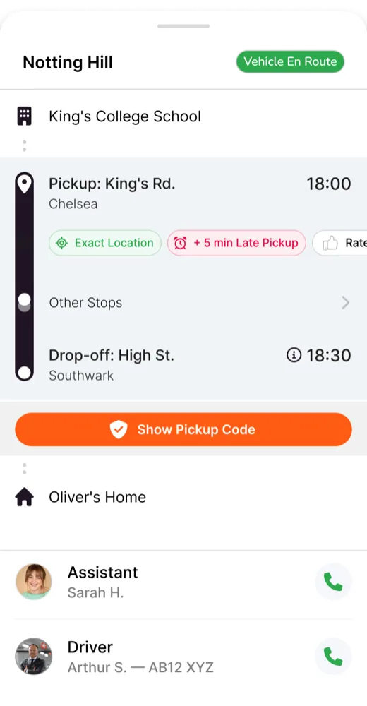 The trip detail sheet: pick-up and drop-off times, the late-pickup flag, the pickup code and the numbers for the assistant and the driver