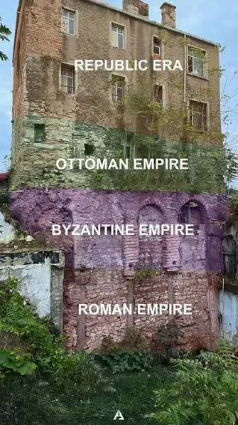 Four construction eras stacked in one occupied building: Roman foundation, Byzantine arches, Ottoman stonework, Republic-era apartment.