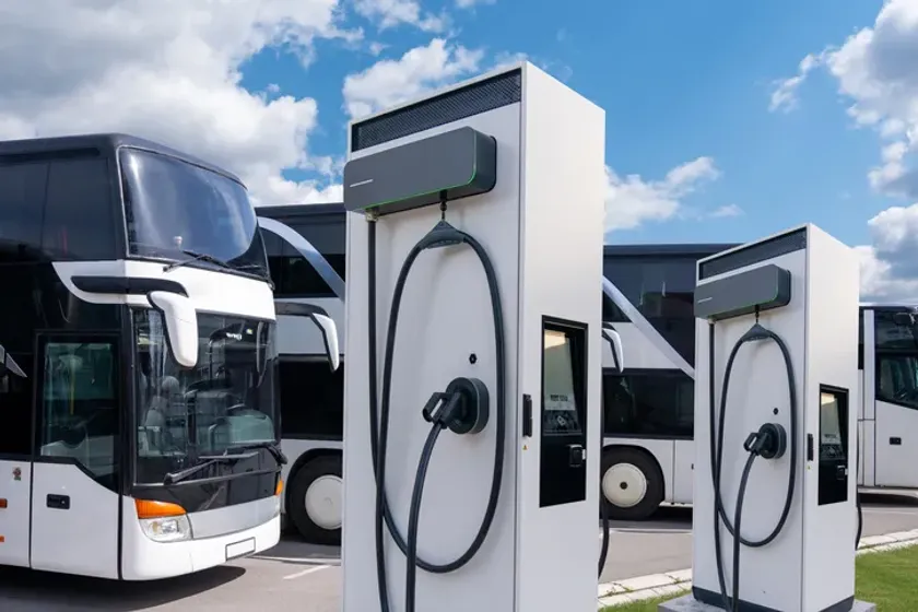 Charging points beside a line of shuttle coaches