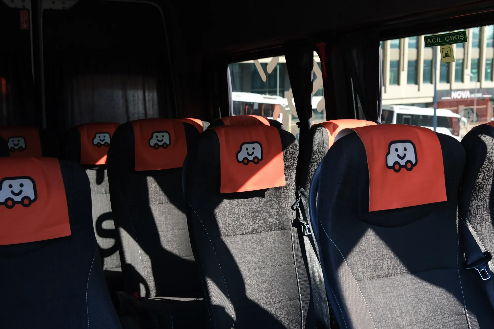 Volt Lines seat covers on a shuttle in service