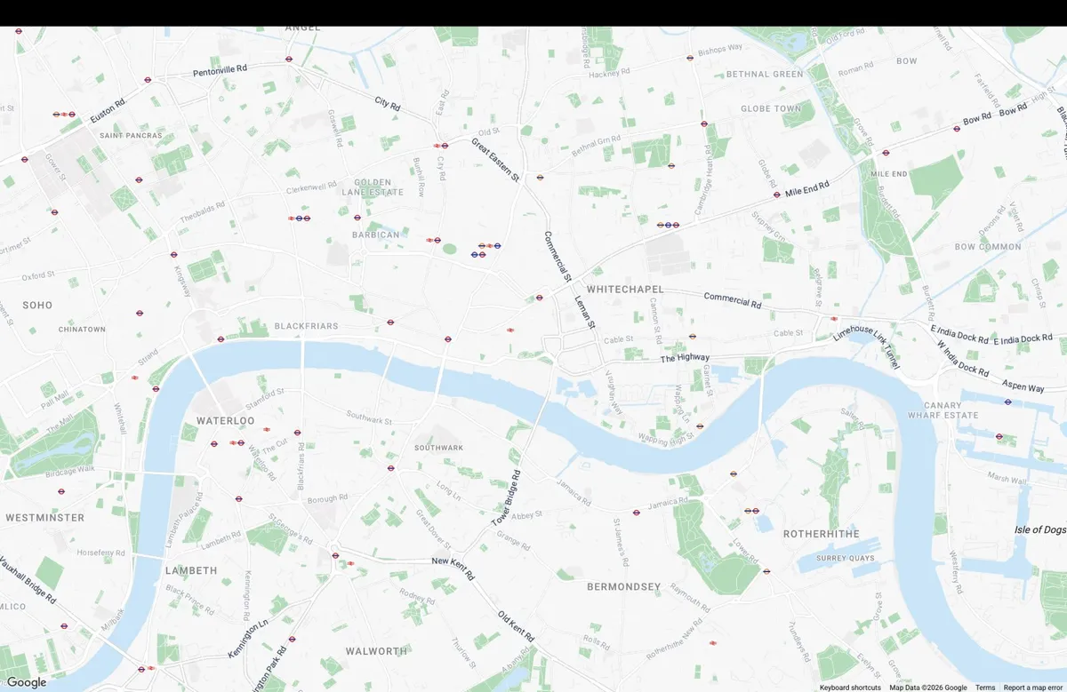 Map of central London showing the served network area