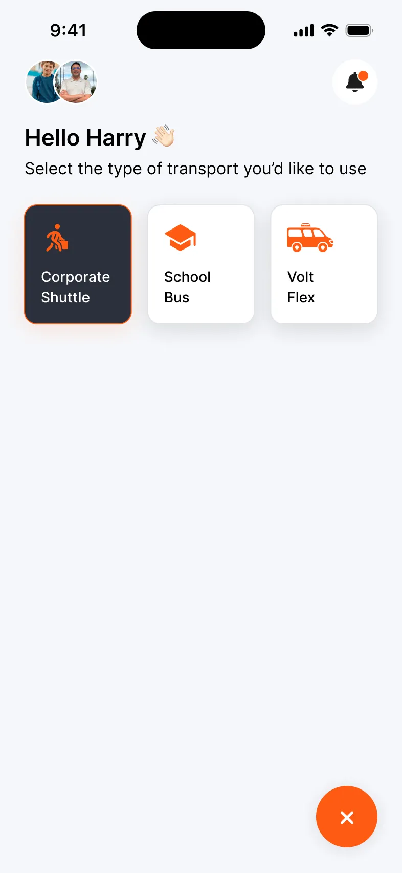 The passenger app's hub, where the rider picks corporate shuttle, school bus or Volt Flex