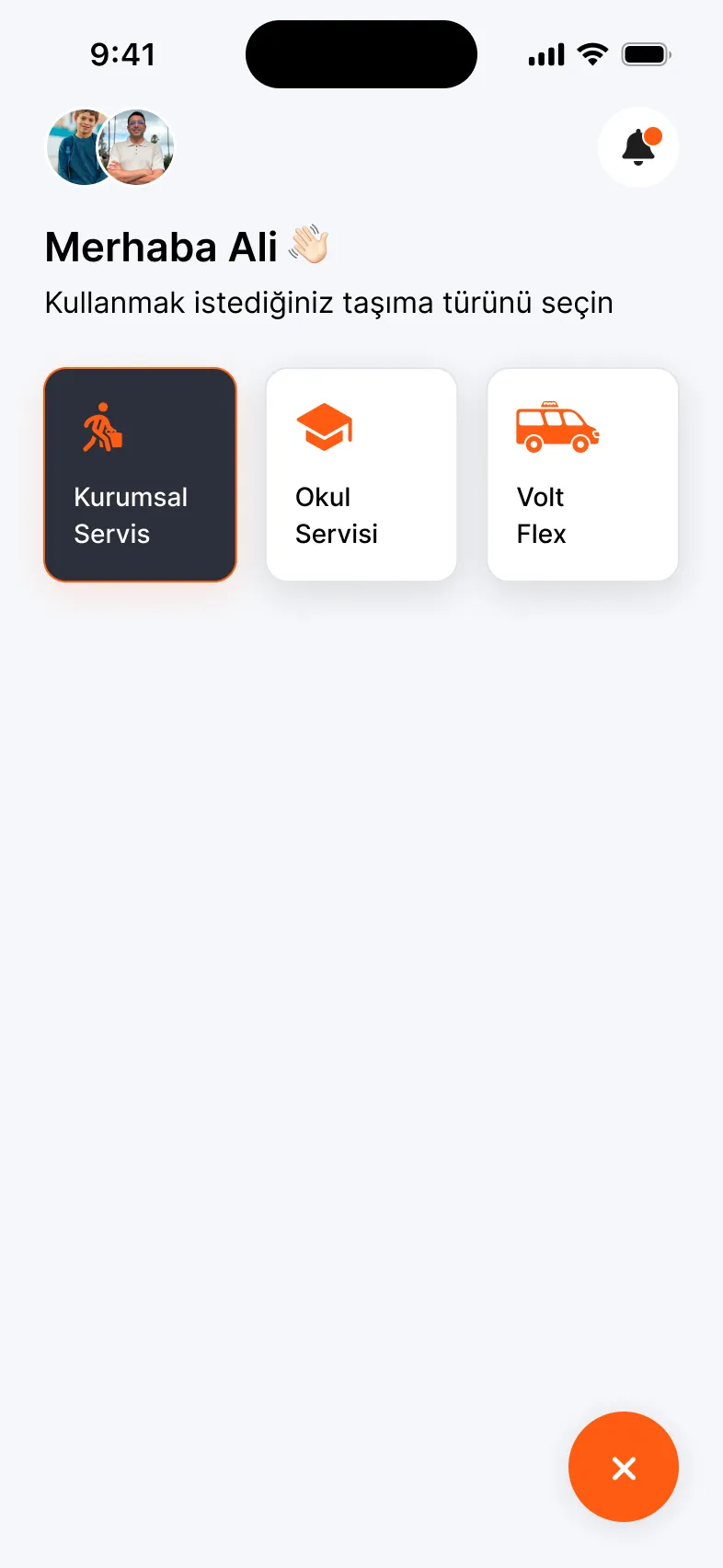 Yolcunun kurumsal servis, okul servisi veya Volt Flex arasından seçim yaptığı yolcu uygulaması ana ekranı