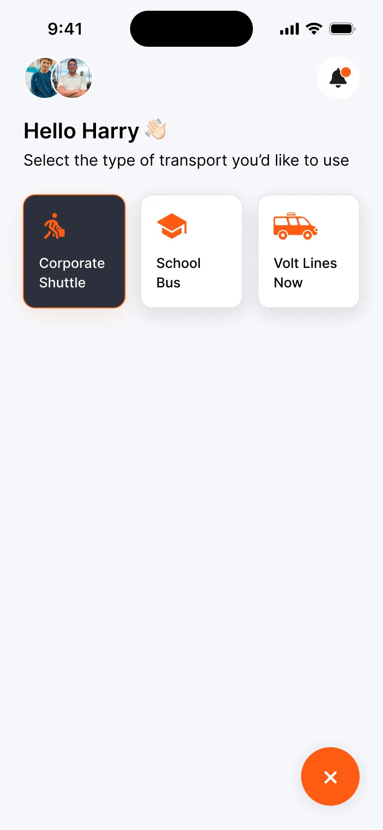 App home screen where the parent chooses between corporate shuttle, school bus and Volt Flex