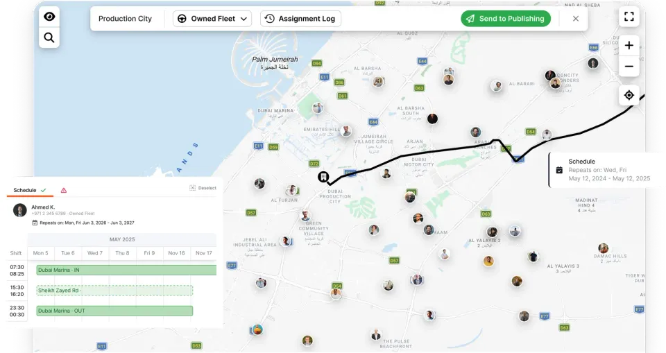 Route optimisation on the planning map over Dubai, with the schedule panel