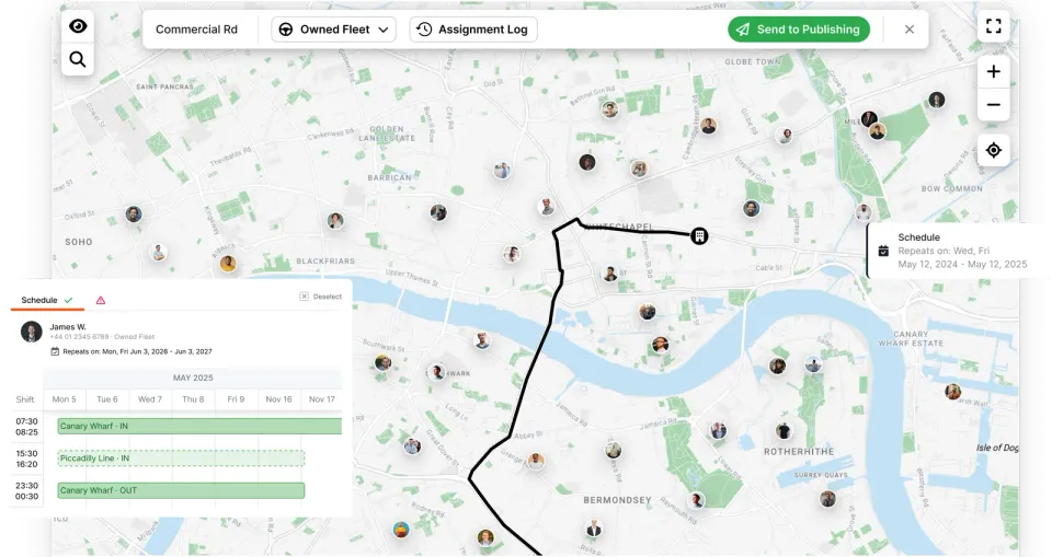 Route optimisation on the planning map over London, with the schedule panel
