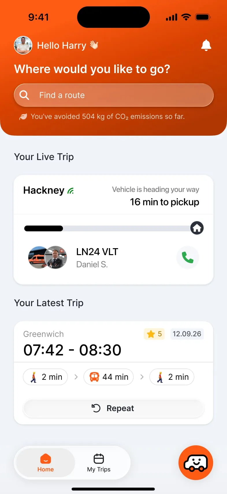 Home screen of the Volt Lines passenger app