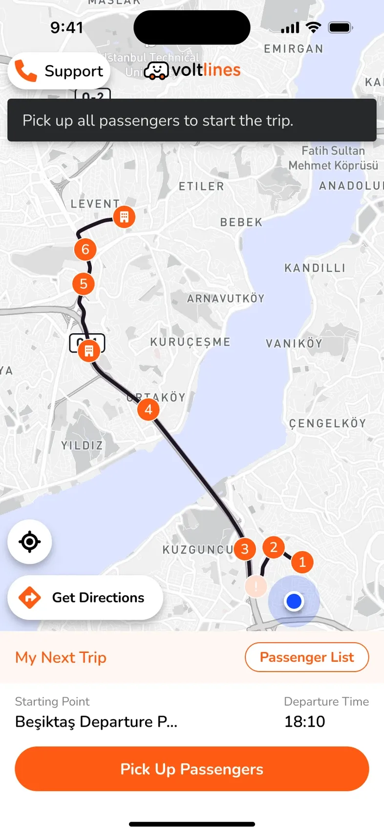 The next trip, with its route and stops, in the Volt Lines assistant app