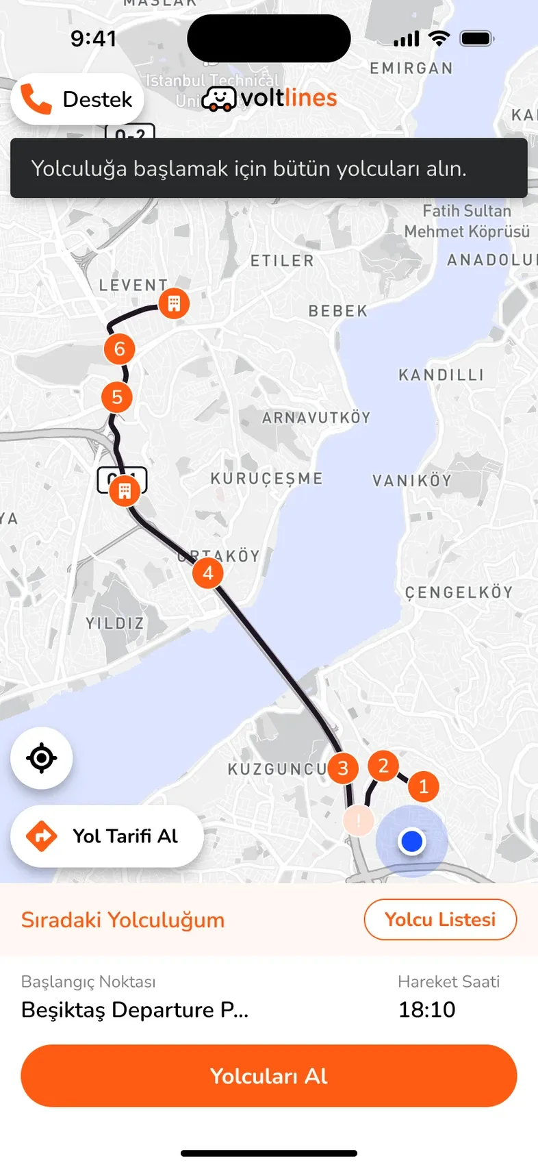 Volt Lines sürücü uygulamasında rota ve duraklarıyla sıradaki sefer ekranı