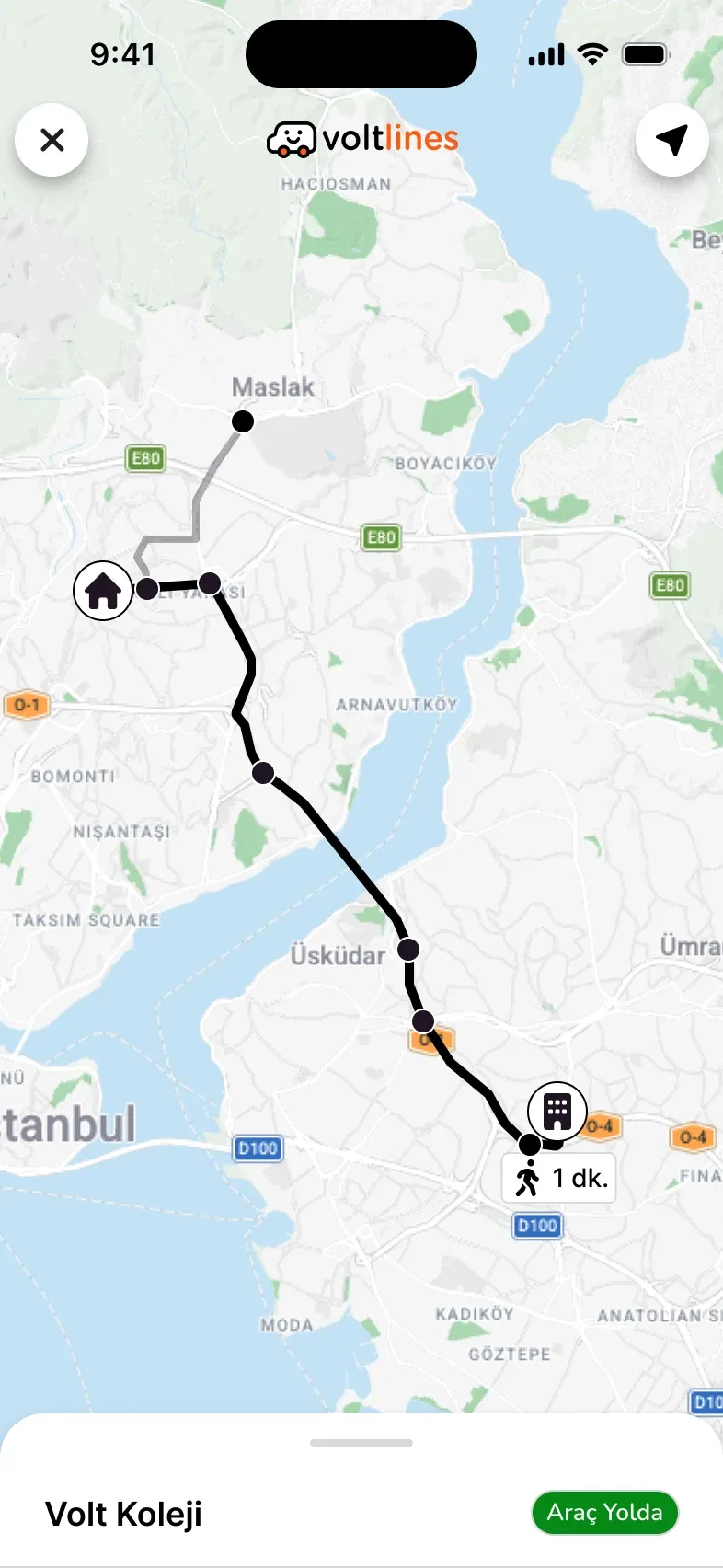 Okul servisi rotasının canlı harita ekranı