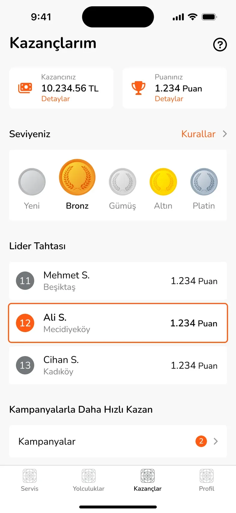 Kazanç, puan, seviye ve lider tablosu ekranı