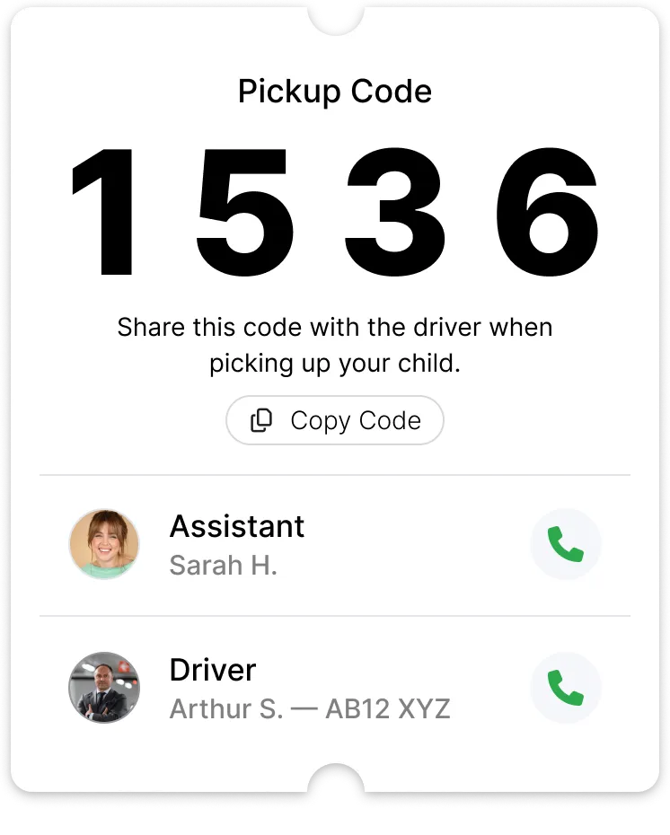 Pickup code card with the vehicle plate, route, assistant and driver