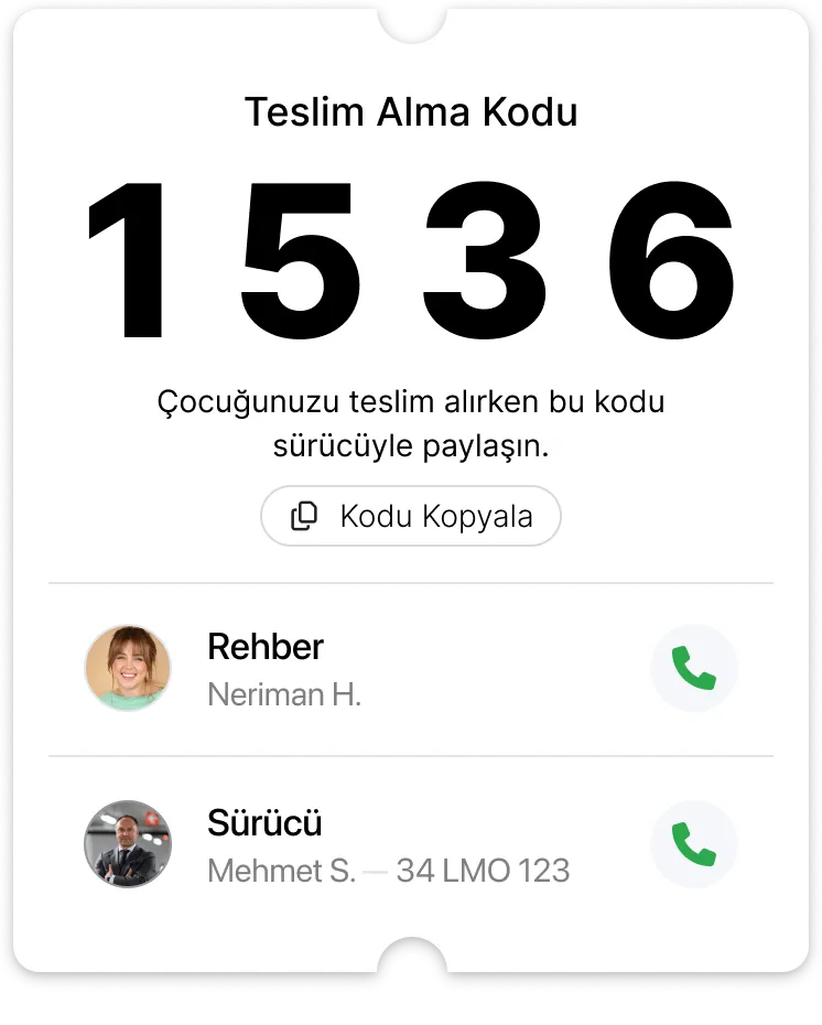 Araç plakası, rota, rehber ve sürücü bilgisiyle teslim alma kodu kartı