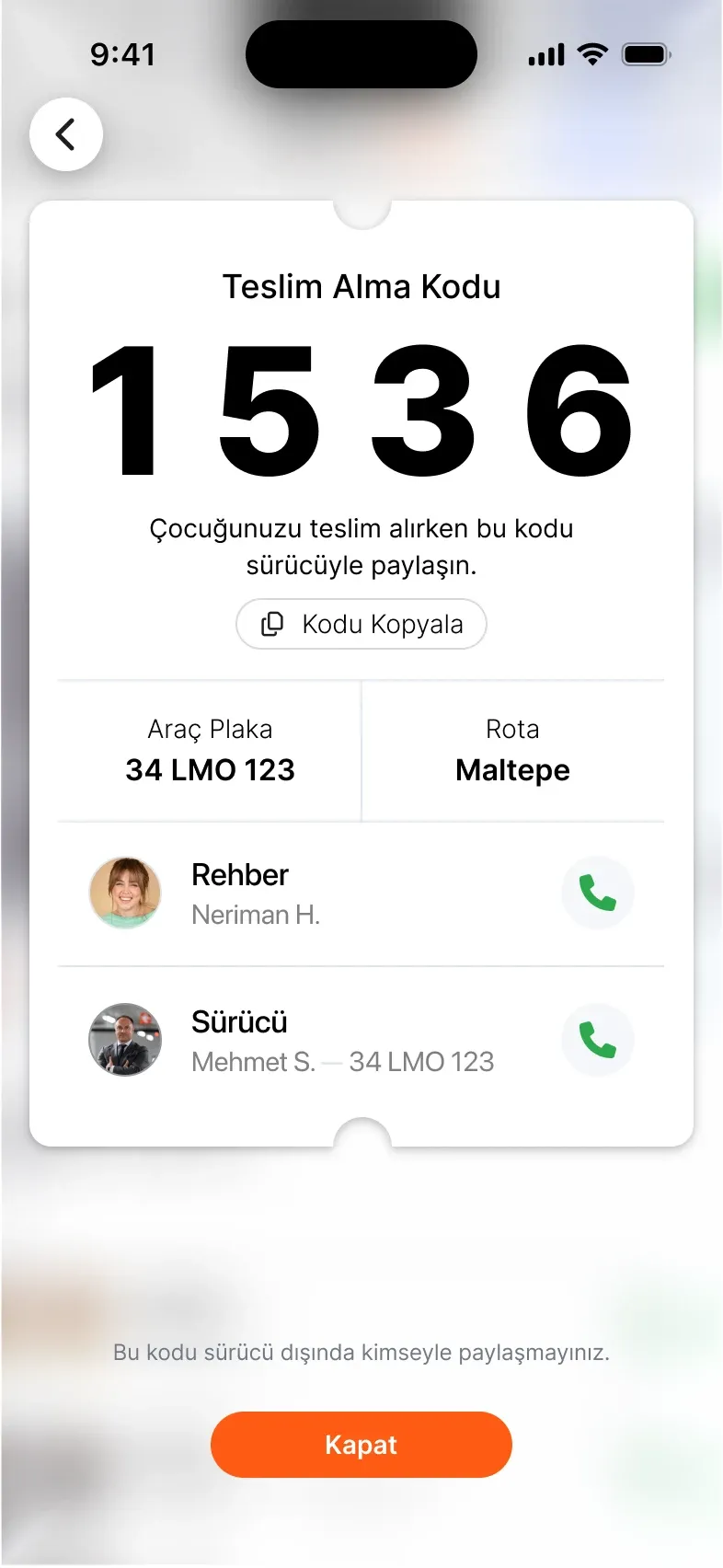 Teslim alma kodu ekranı