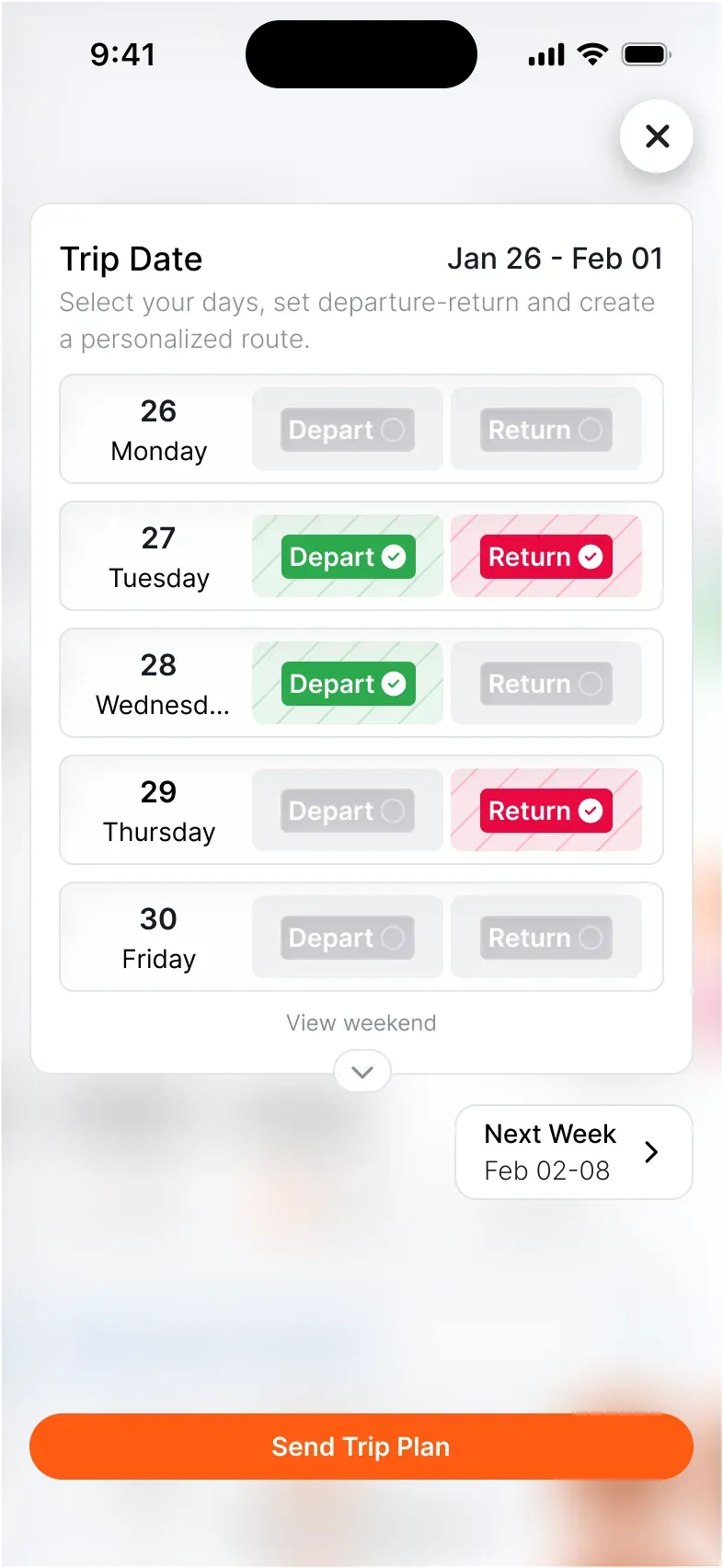 Weekly trip plan screen