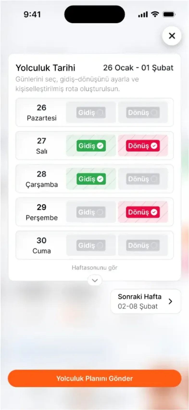 Haftalık yolculuk planı ekranı
