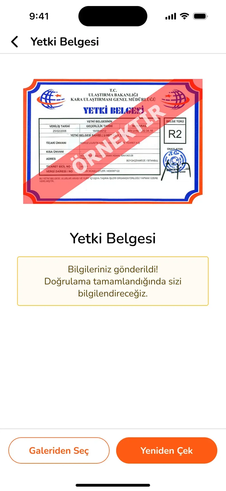 Yetki belgesinin doğrulamaya gönderildiği belge ekranı