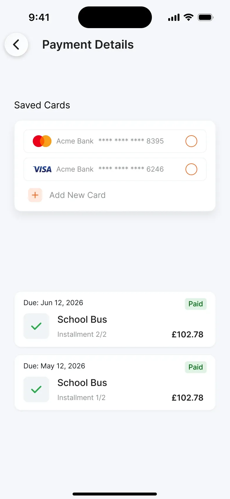Payment details and instalments screen