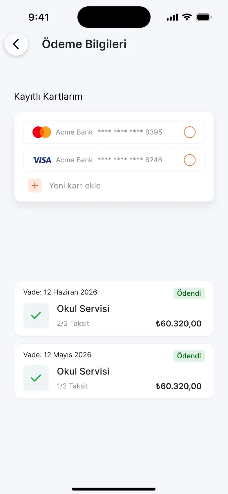 Ödeme bilgileri ve taksitler ekranı