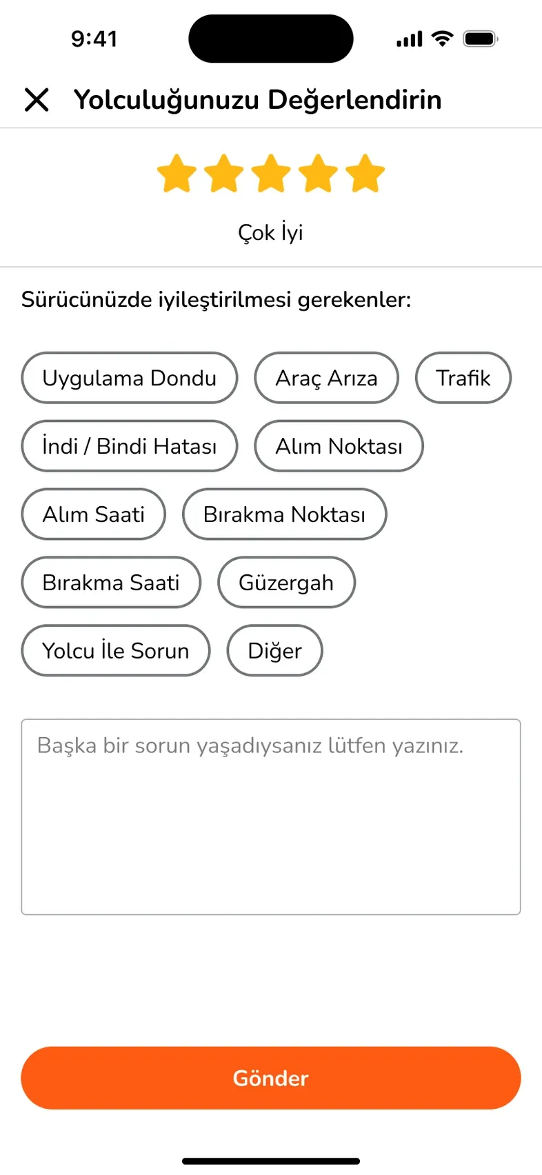 Sefer puanlama ve sorun bildirme ekranı