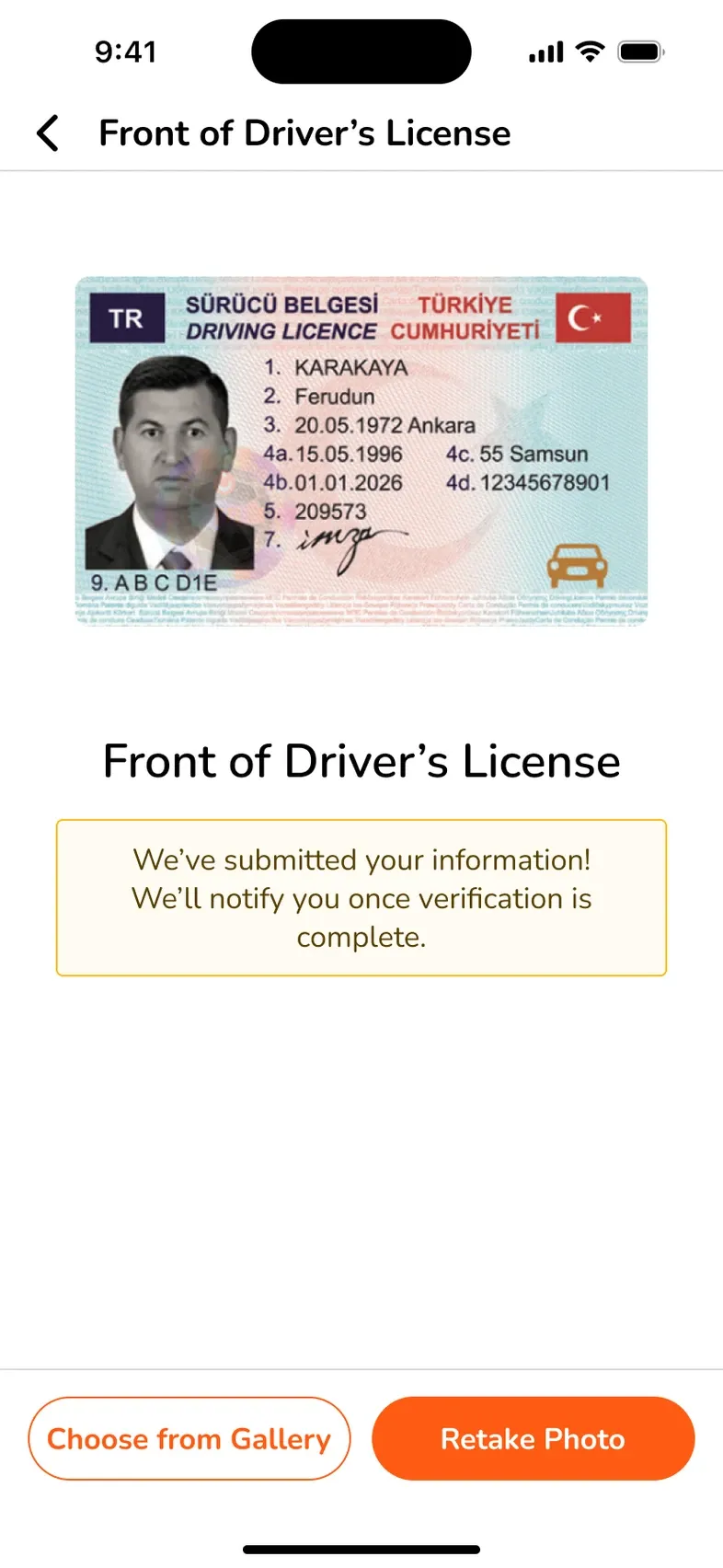 Front of a driving licence submitted for verification