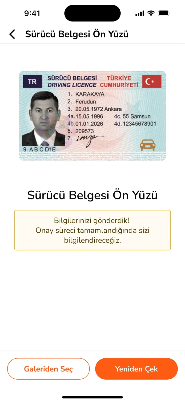 Ehliyet ön yüzünün doğrulamaya gönderildiği belge ekranı