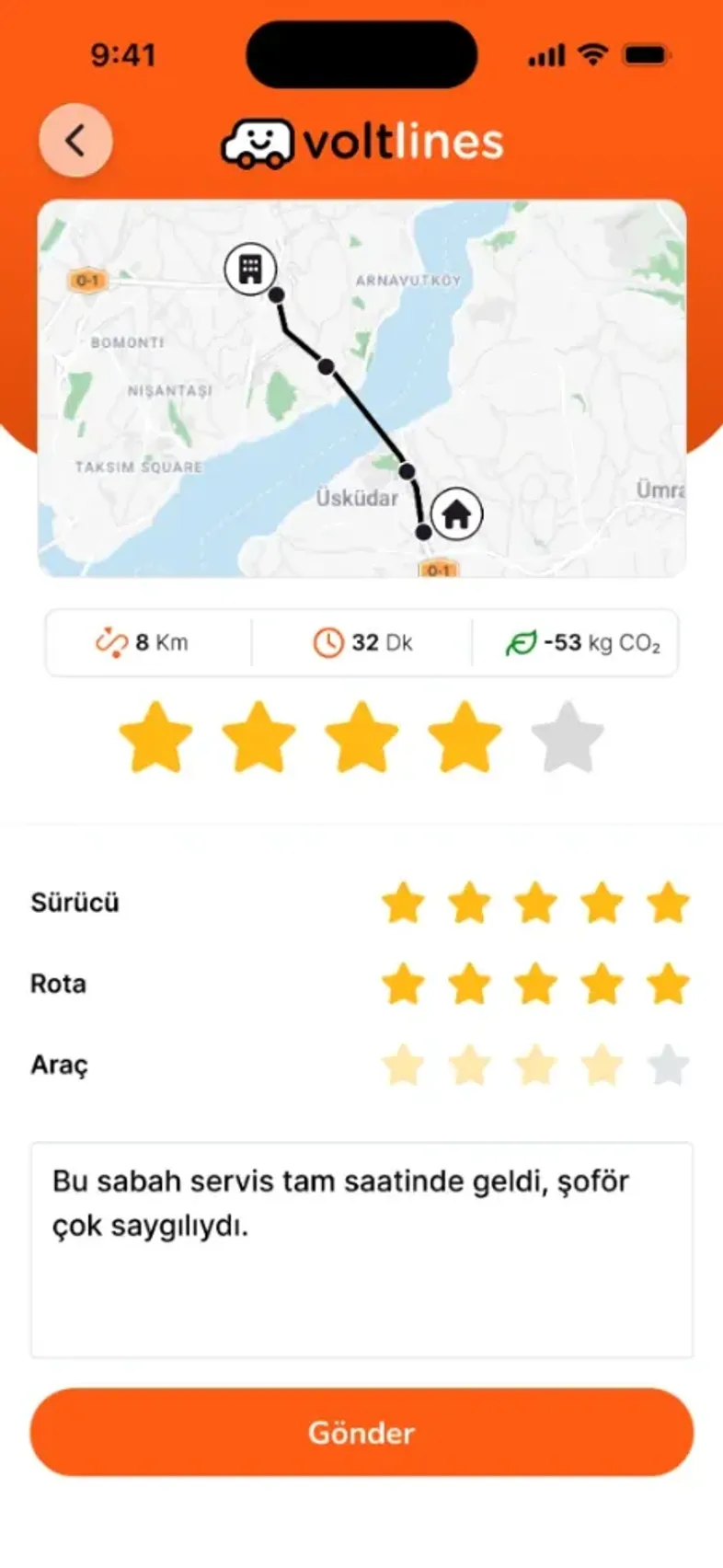 Yolculuk puanlama ekranı