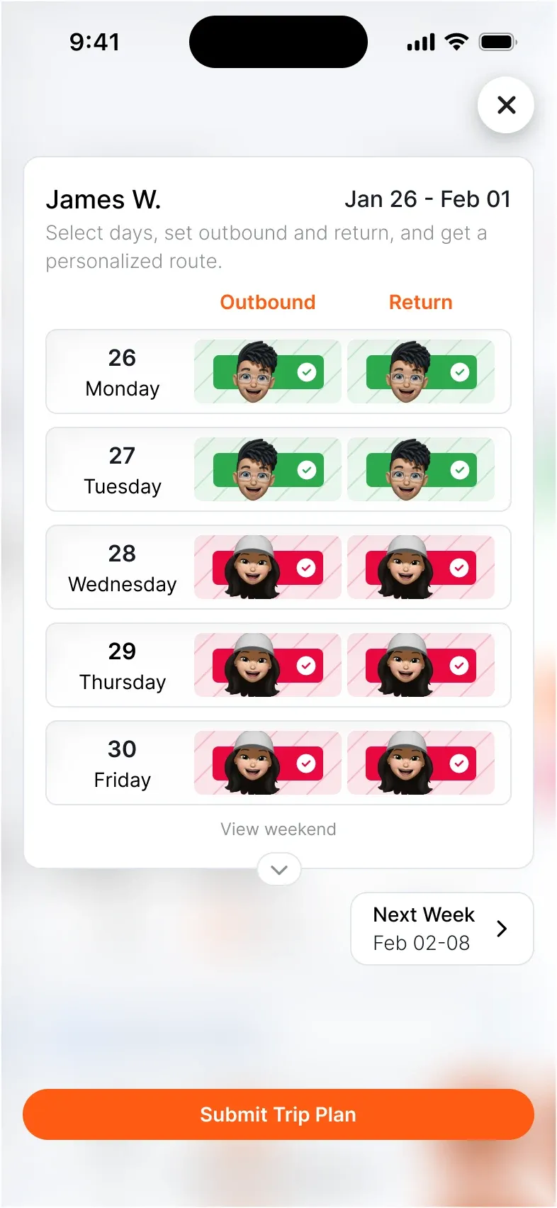 Weekly trip plan with each leg set to a parent