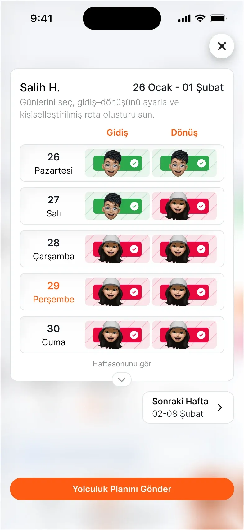 Her yolculuğun bir veliye atandığı haftalık plan ekranı