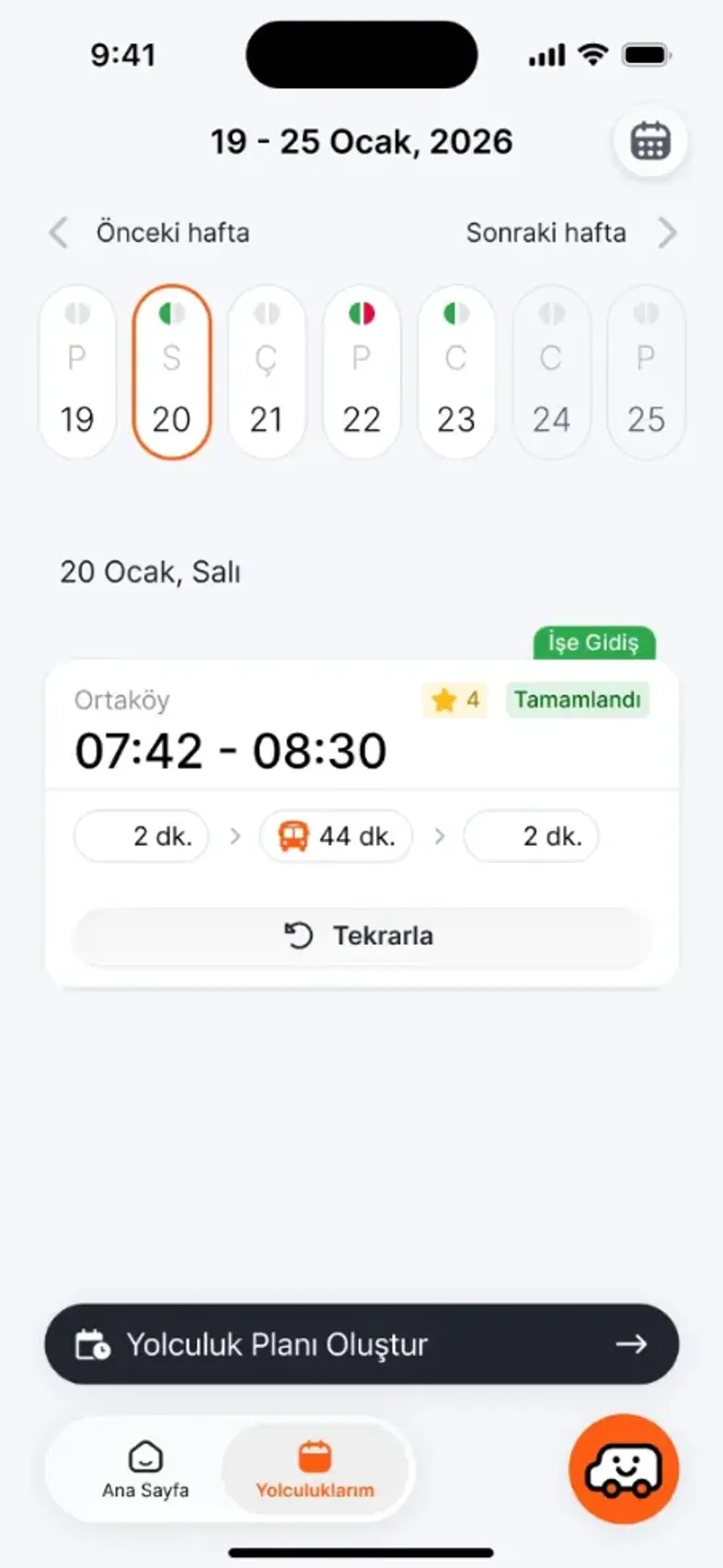 Yolculuklarım ekranı