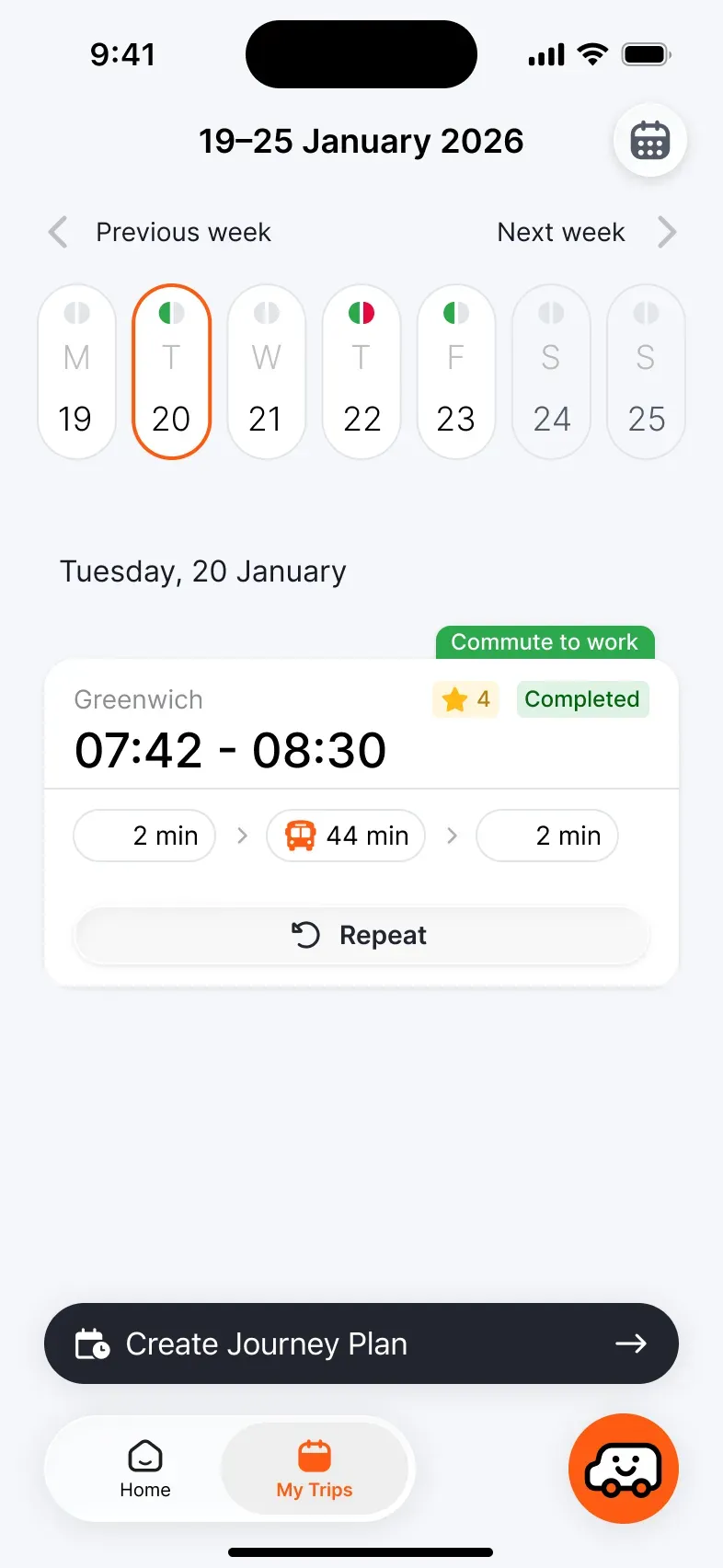 My trips screen