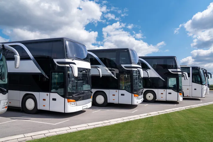 A row of white coaches parked at an operator depot